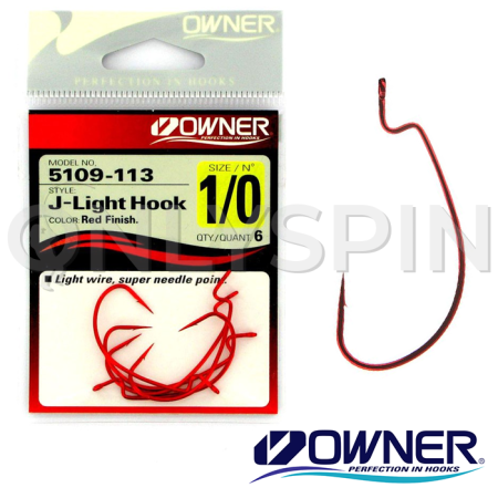 Крючки офсетные Owner 5109 J-Light Worm Hook Red 6 6шт